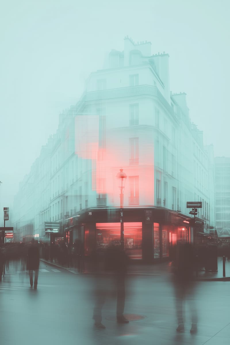 A figure held still on a misty street, shop windows glowing behind.