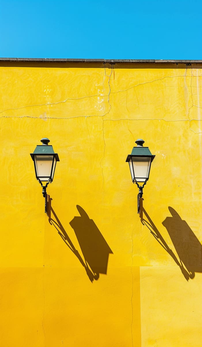 Two street lamps throwing long shadows across a bright wall.